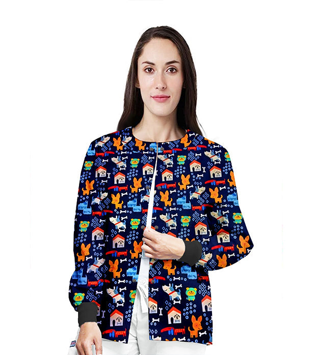 Poplin Unisex Scrub Jacket with Dog Print- 2 Pockets, Full Sleeves with Rib