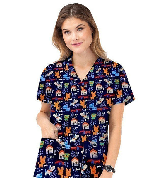Poplin Unisex Dog Print Scrub Top V Neck - 2 Pockets, Half Sleeves in Interlock Stretch Fabric 100% Polyester