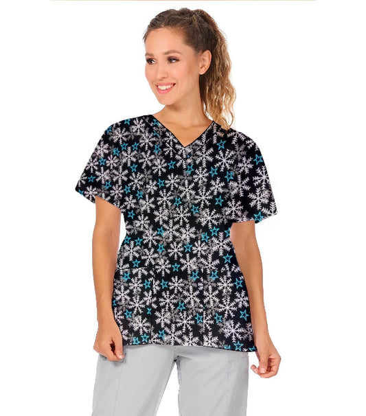 Festive Christmas Print Scrub Top V Neck 2 Pocket Half Sleeve in Poplin Fabric 35% Cotton 65% Polyester