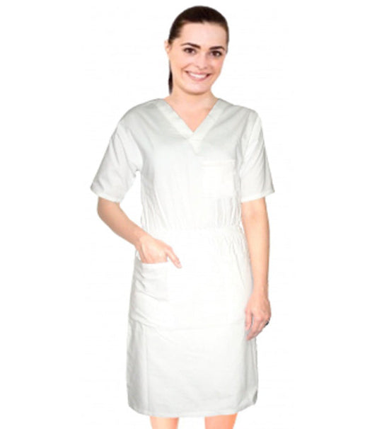 Poplin Unisex Nursing Dress Below Knee Length, V-Neck -  3 front pockets, Half Sleeves, Elastic Waist