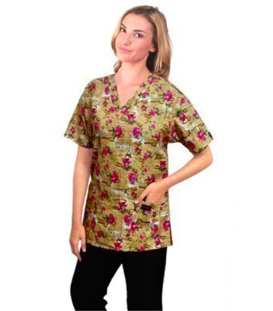 Paris Print Scrub Top V Neck 2 Pocket Half Sleeve in Poplin Fabric 35% Cotton 65% Polyester